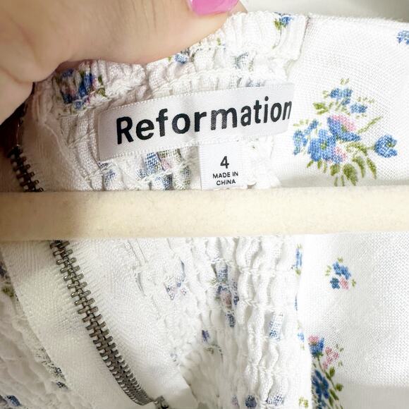 Reformation Womens Emilia Mini Dress Off The Shoulder Floral Linen White Size 4 - Picture 6 of 9